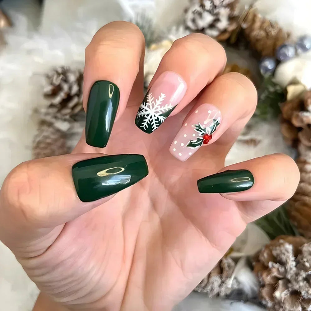 24pcs detachable Christmas designs false nails with glue full cover ballet Snowflakes Christmas Candy gifts press on fake nails CZ202