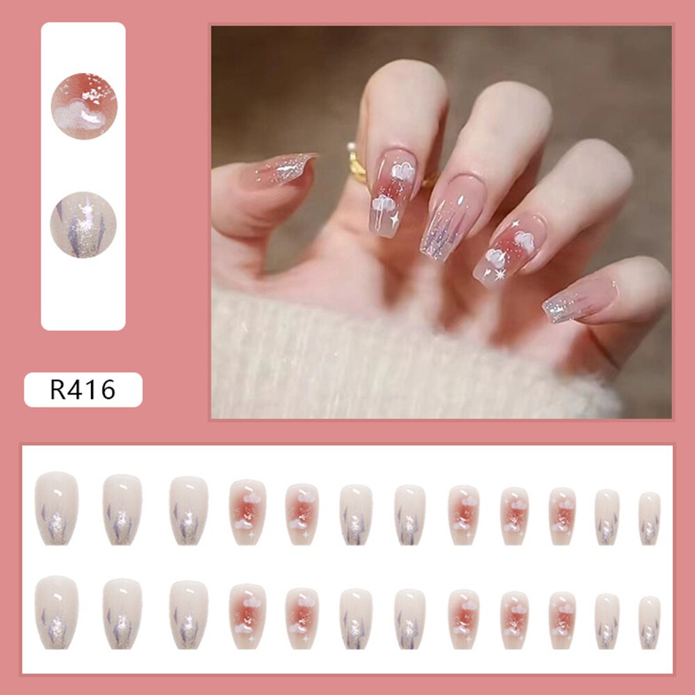 24pcs false nails matte Green Nails Patch with glue Removable Long Paragraph Fashion Manicure press on Nail tips N 4