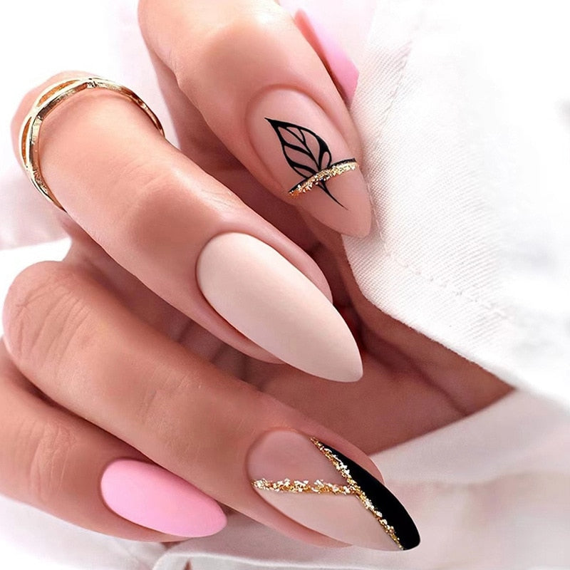 24pcs false nails with almond head French artificial nails with glue Long Paragraph Manicure full cover Stiletto press on nails 255