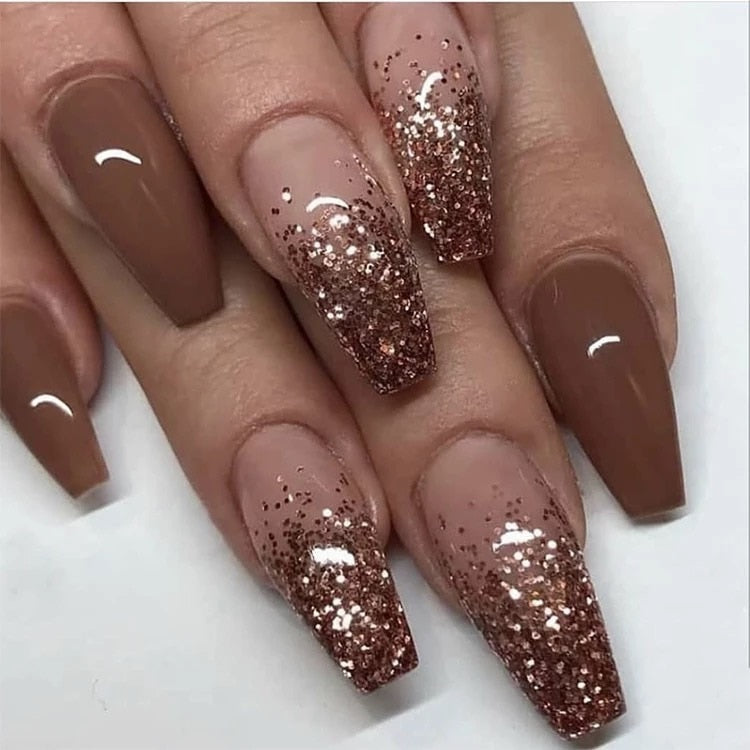 24pcs removeable false nails with glue Ballet nails with designs Gradient Shinny brown press on nails coffin glitter fake nails Basso & Brooke