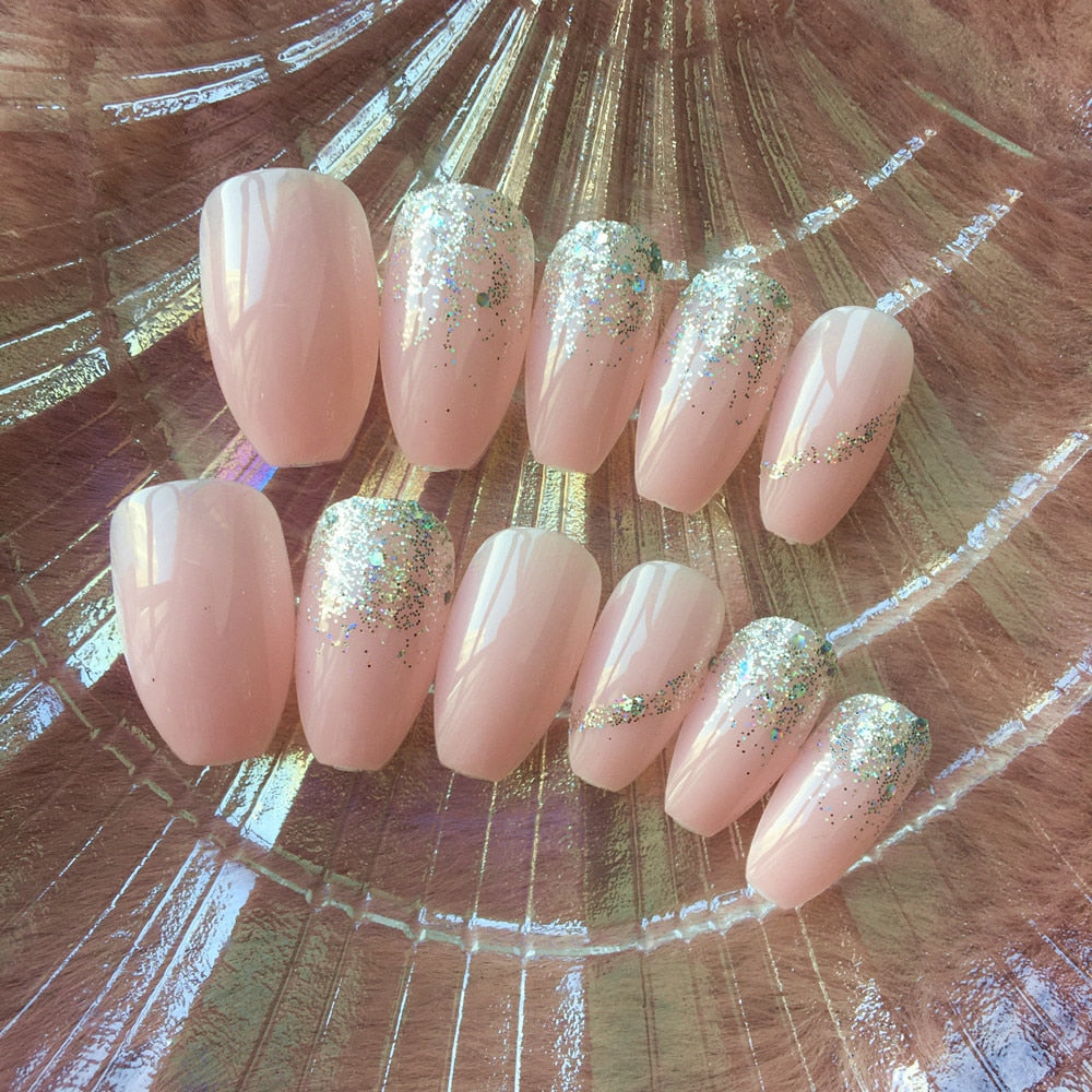 24pcs removeable false nails with glue Ballet nails with designs Gradient Shinny brown press on nails coffin glitter fake nails W4