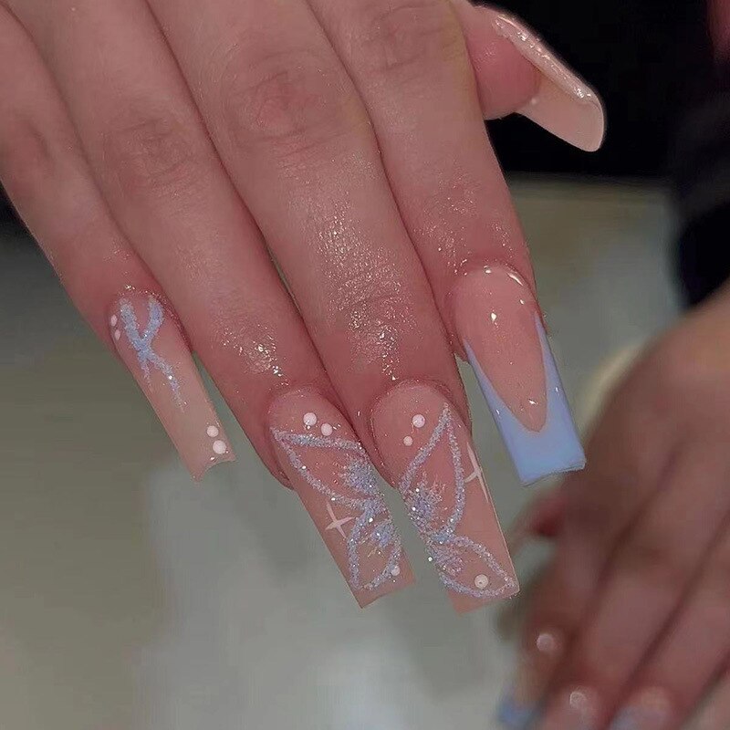 24pcs removeable false nails with glue Ballet nails with designs Gradient Shinny brown press on nails coffin glitter fake nails W071