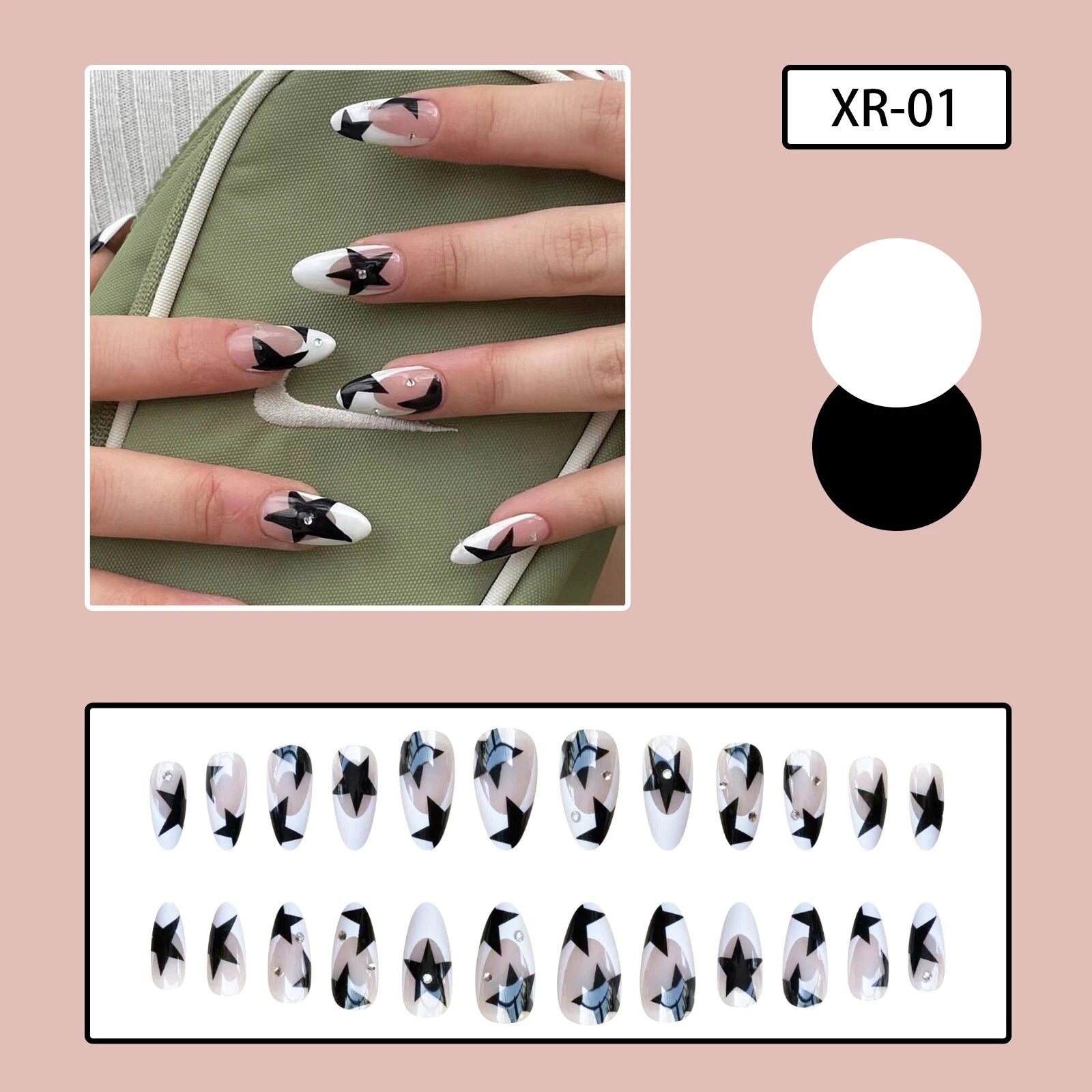 24pcs y2k Fake Nails Black White Star Printed Press on Nail Tips Long Coffin European Artificial Nail Patch for Girl Women H14