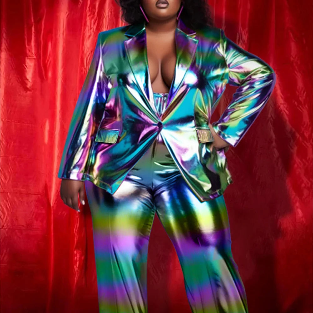 Plus Size Party Suit Pant Sets Multicolor Spring Summer Turndown Collar Long Sleeve Button Glitter Two Piece Suit Pant Sets