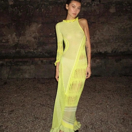 Women Sexy Y2k One Shoulder Long Sleeve Crochet Knit Long Dress Summer Beach See Through Party Grunge Club Cover Up Outfits Yellow One Size