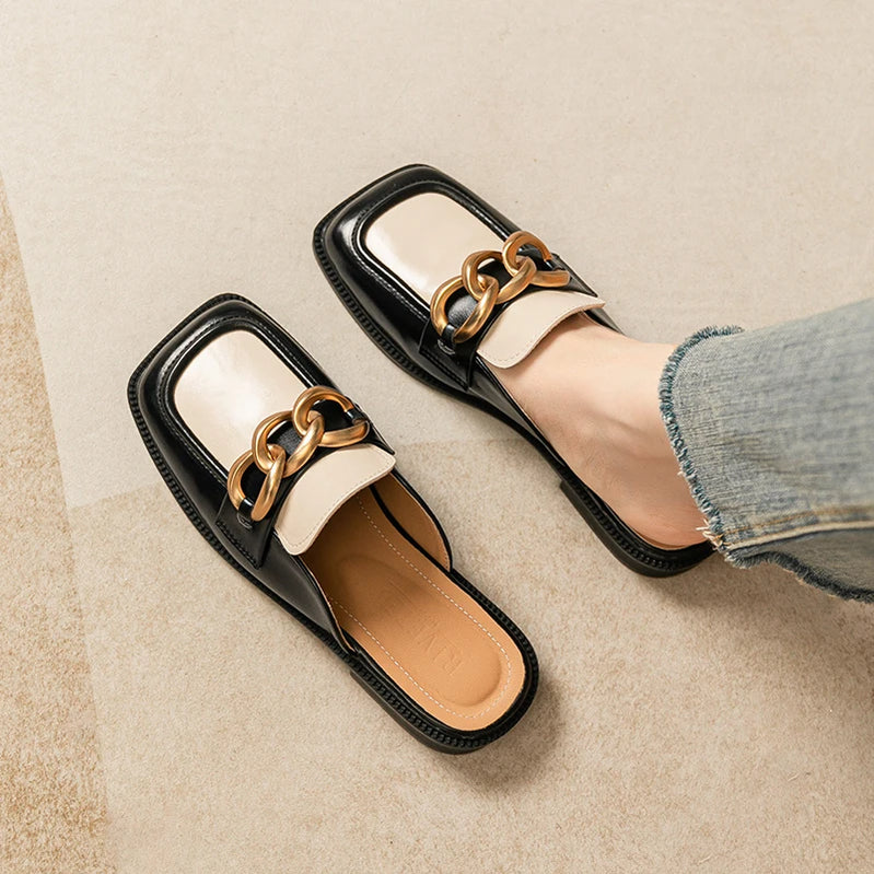 spring and autumn women wear flat slippers british style party and work wear metal chain design Ladies Casual Mules 41-43