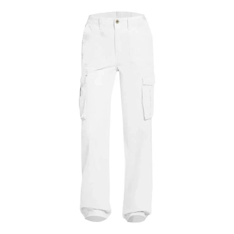 Fashion Women Cargo Pants Straight Fit Baggy Wide Leg High Waist Pants Y2K Pockets Retro Street Style Casual Trousers White