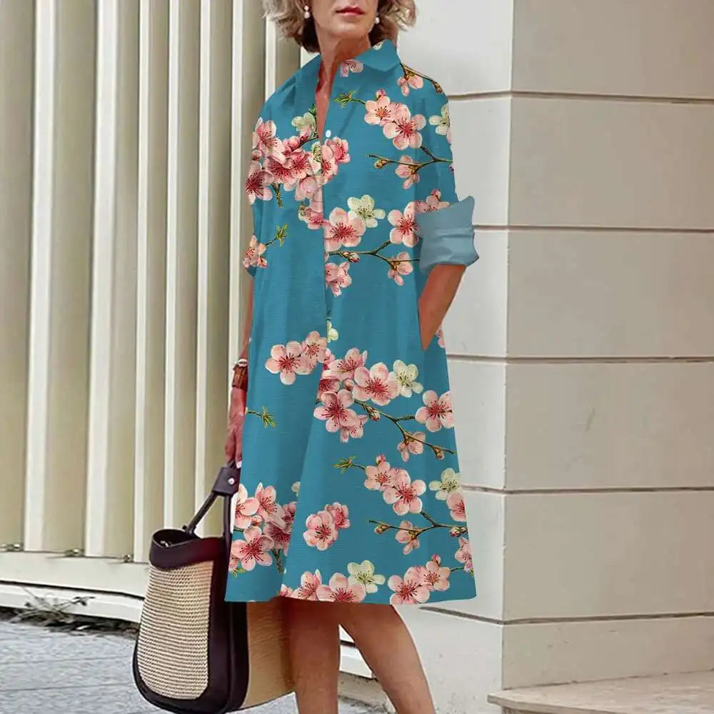 Vestidos de camisa elegantes femininos, moda outono, florais, manga comprida, soltos, linha A, vestidos femininos para escritório, vermelho, verde, lapela