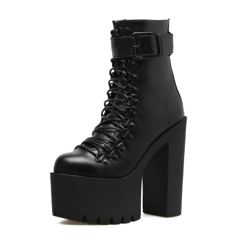 Women's Platform Chunky High Heel Ankle Boots Black Buckle Strap Lace Up Side Zipper Motorcycle Boots Punk Style Shoes