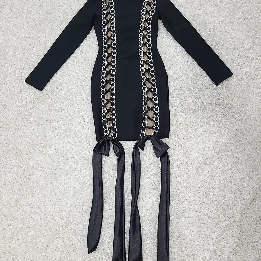 Women Celebrity Sexy Long Sleeve Lace Up Black Mini Bodycon Bandage Dress 2025 Elegant Evening Club Party Outfit