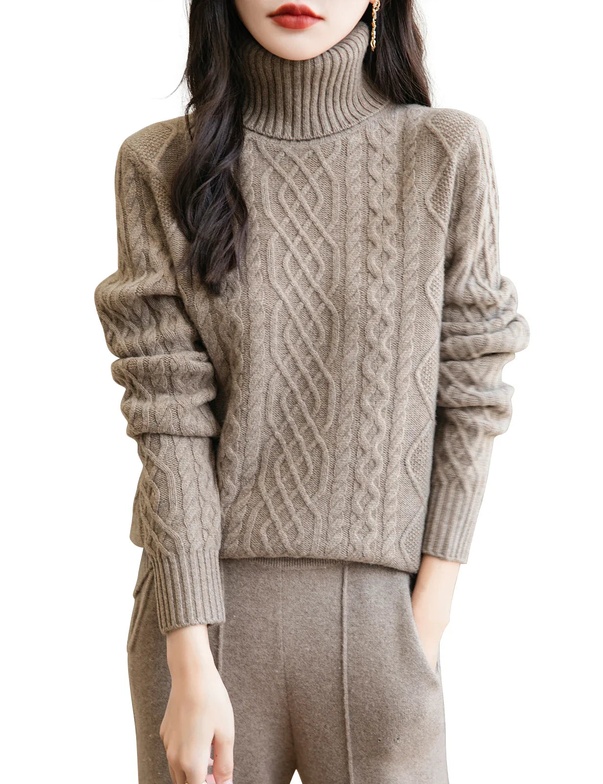 Women's 100% Merino Wool Sweater Fall Winter Turtleneck Vintage Warm Soft Long Sleeve Cable Knit Sweater for Women Knitwear Tan