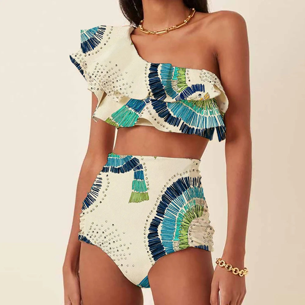 Women's Printed Ruffle Swimsuit Fashion One Shoulder Slash Breasted Bikini Two Piece High Waisted Tummy Tuck Beachwear 2023 New green