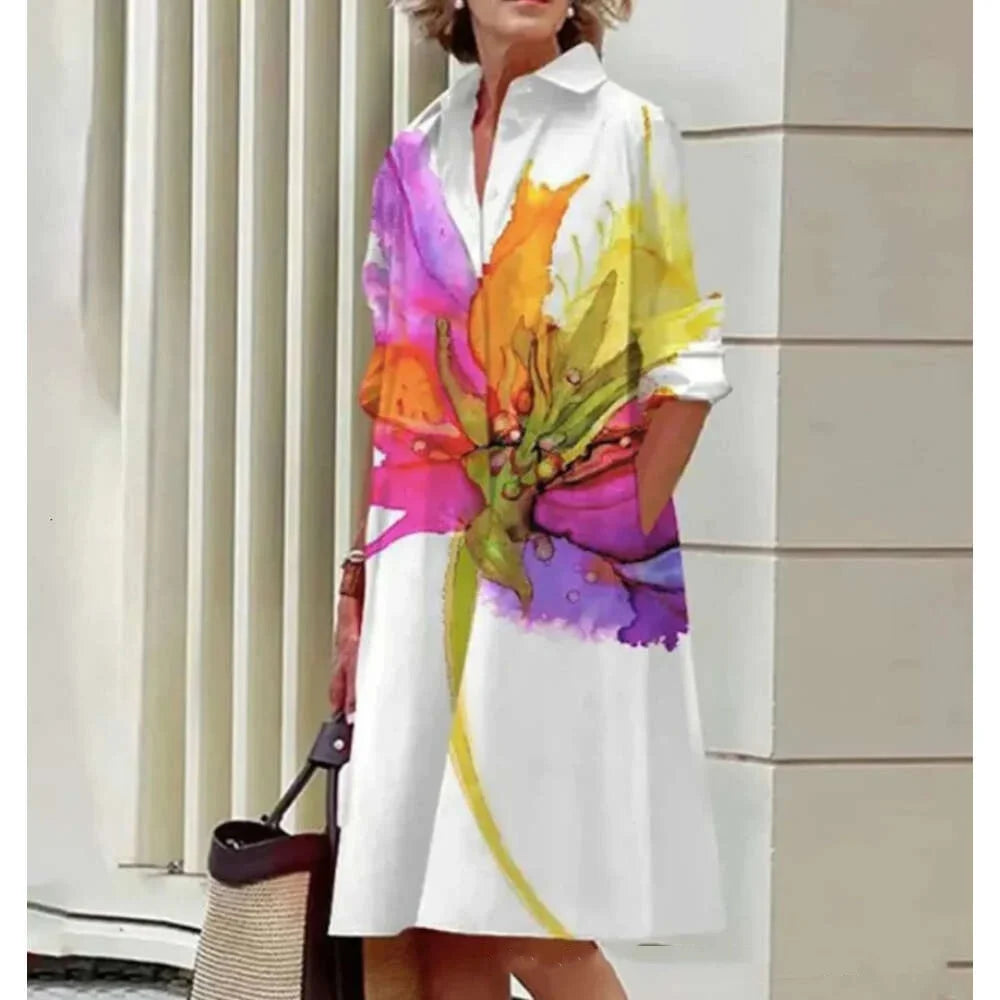 Women's Elegant Shirt Dresses Fall Fashion Floral Long Sleeve Loose A-Line Dresses Women's Office Ladies Red Green Lapel Gowns