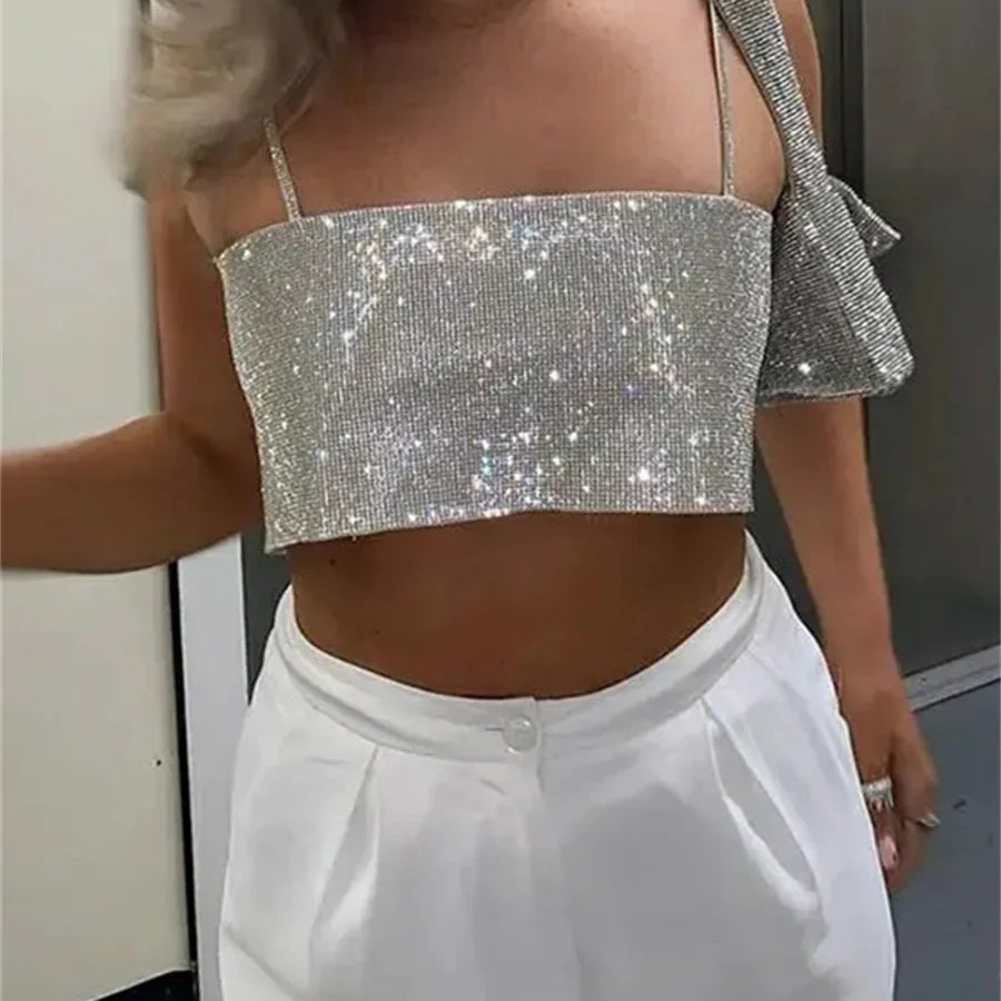 wsevypo Chic Glitters Spaghetti Strap Camisole Shiny Bandeau Tube Tops Fashion Women Sling Crop Tops Party Club Street Tops