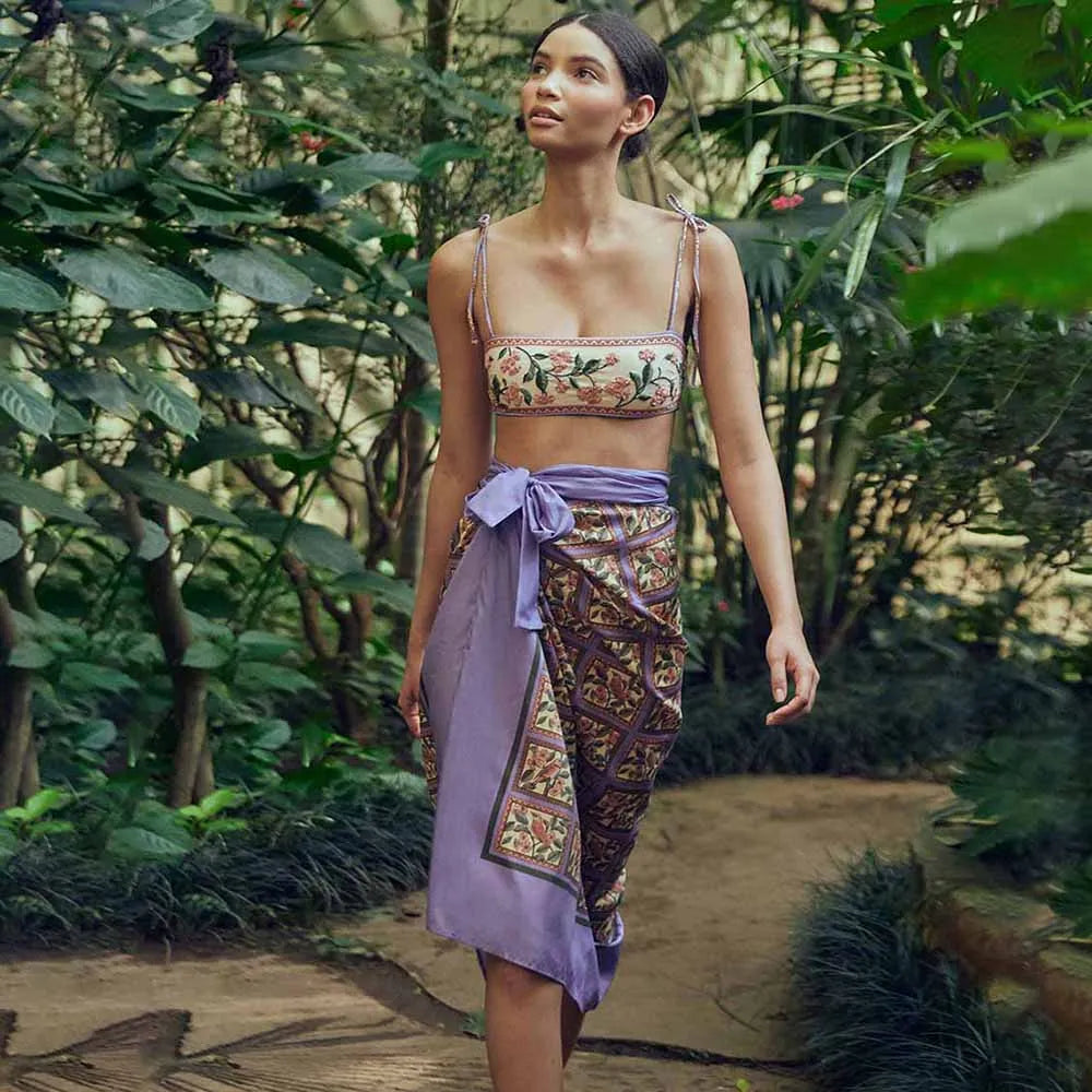 Purple Floral Swimsuit Three Piece Vintage String Lace Up Bikini High Waist Backless Women's Fashion Plus Size Sexy Color