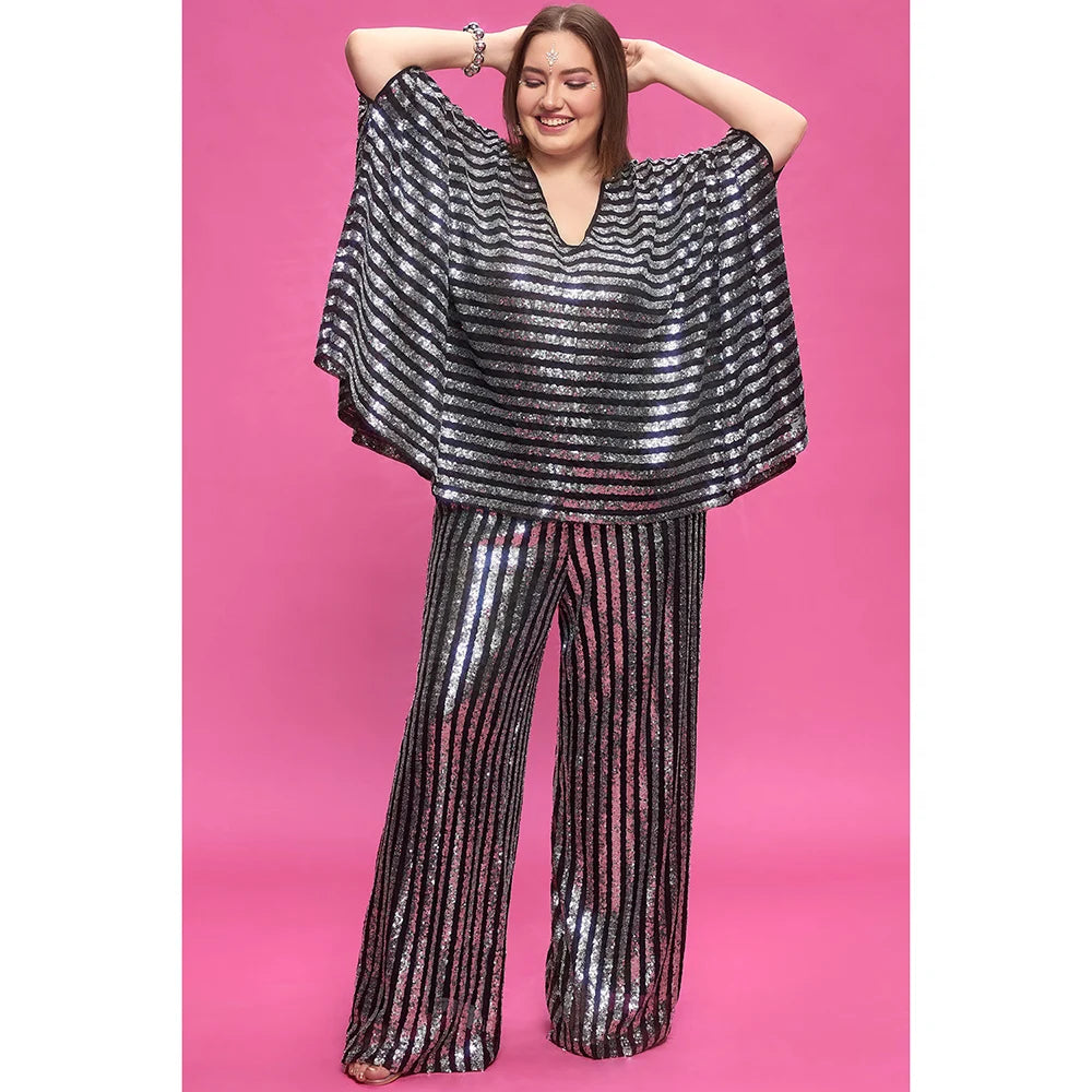 Plus Size Party Silver Fall Winter V Neck Batwing Sleeve 3/4 Sleeve Pocket Sequin Two Piece Pant Sets
