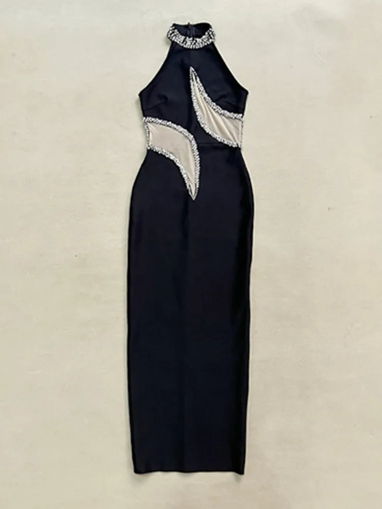 Women Sexy Mesh Diamonds Beading Black Maxi Long Diamonds Celebrity Bodycon Bandage Dress 2025 Elegant Evening Club Party Dress