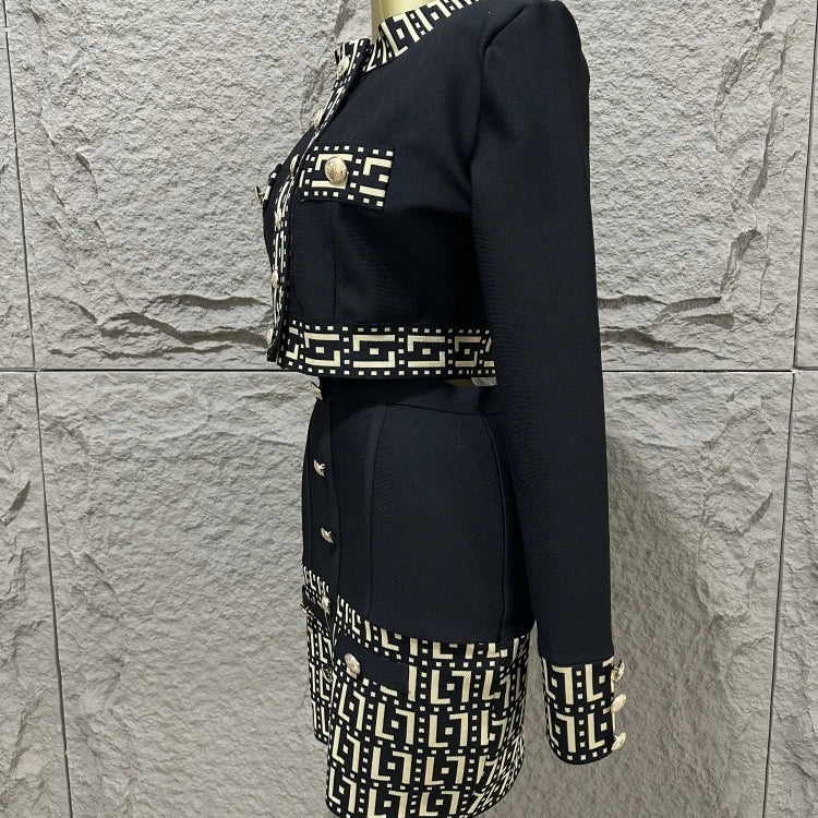 Ensemble deux pièces pour femme, haut jacquard boutonné à manches longues et jupe taille haute avec bandage noir