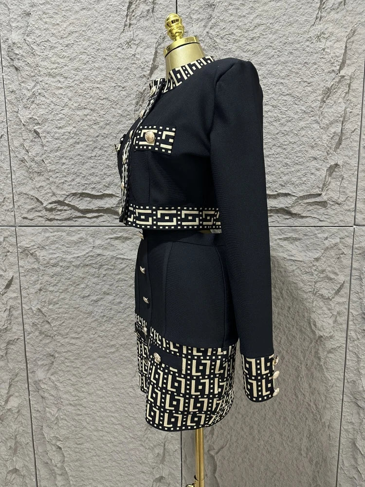 Women's new black fashionable long sleeved button jacquard top+high waist hip bag skirt two-piece bandage set