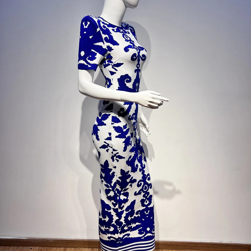 Vestido feminino estampado estilo bandagem, moda verão 2024, sexy, manga curta, gola redonda, estilo chinês, vestido longo, elegante, vestido de festa