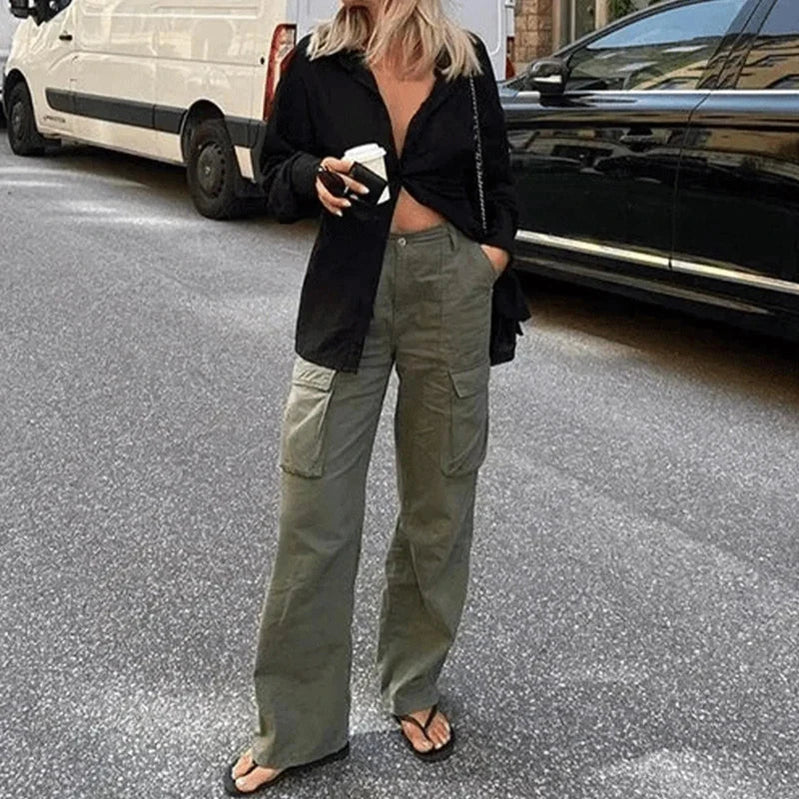 Fashion Women Cargo Pants Straight Fit Baggy Wide Leg High Waist Pants Y2K Pockets Retro Street Style Casual Trousers