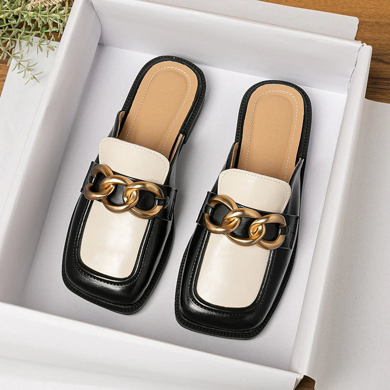 spring and autumn women wear flat slippers british style party and work wear metal chain design Ladies Casual Mules 41-43