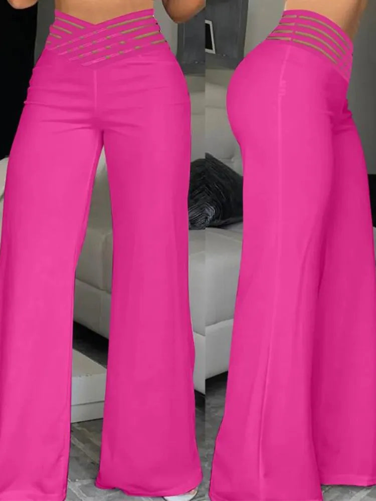 Elegant High Waist Flared Women Pants Office Casual Crisscross Sheer Mesh Patch Mesh Patch Casual Trousers Women Clothes Rose