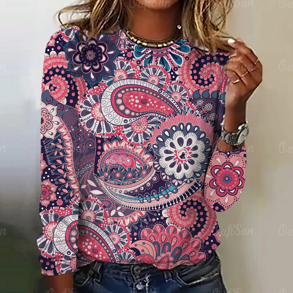 Paisley Print Top Women Long Sleeved Streetwear Summer Vintage Tee Women's Fashion O Neck T Shirts Y2k Oversized Female Clothing