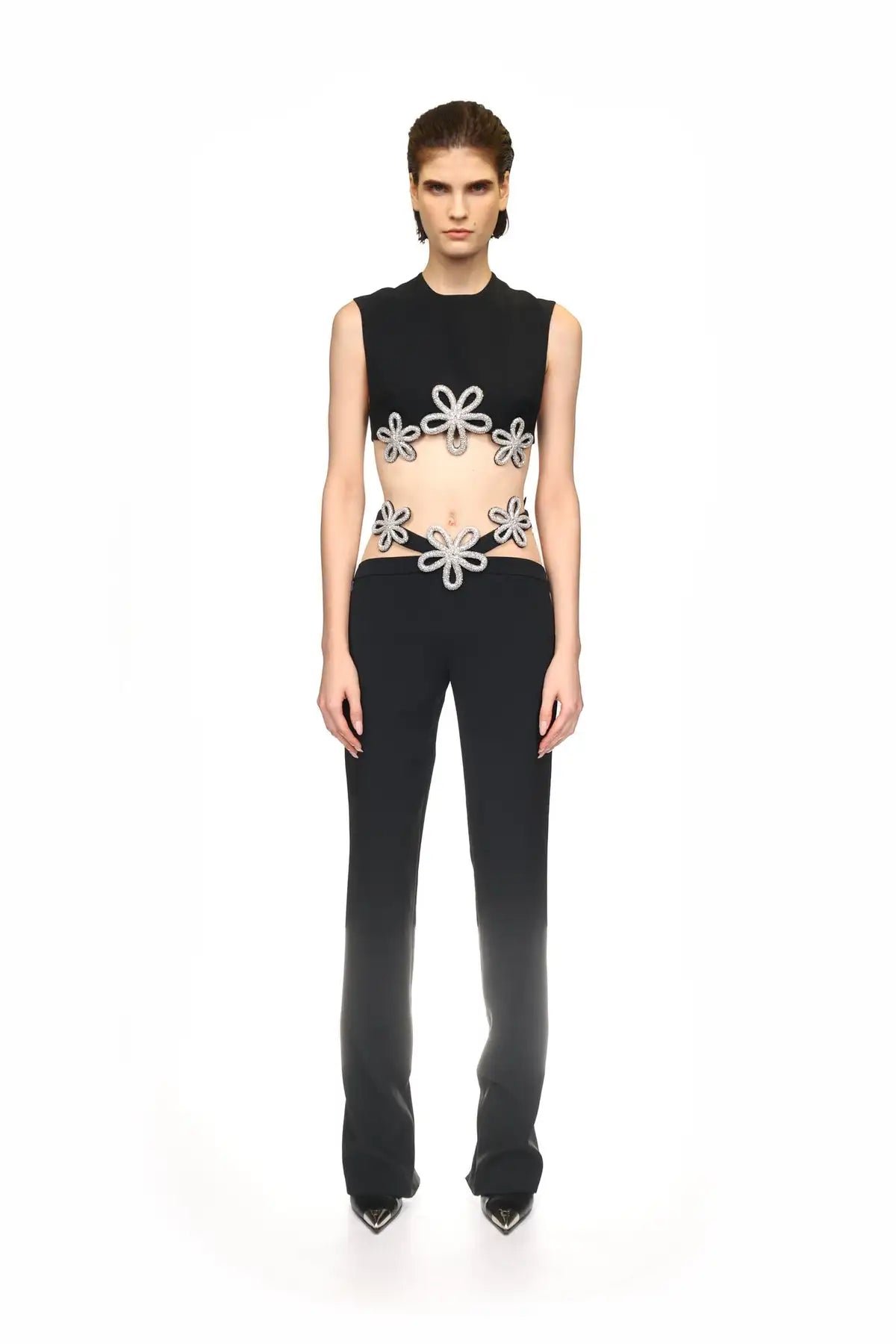 2024 Summer Women's Spicy Girl Set Black Sleeveless Tank Top Flower Low Waist Elastic Tight Pants Fashionable Heavy Industry Two