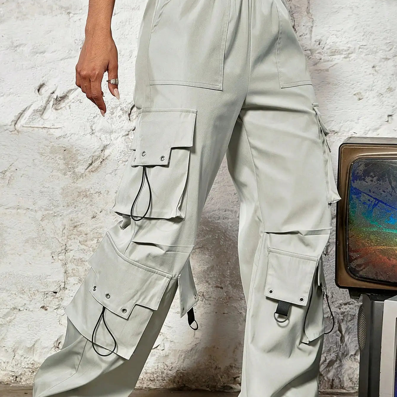 Y2k High Street Trend Hip Pop Flap Pocket Side Solid Color Elastic Waist Loose Straight Cargo Pants Streetwear lightgrey