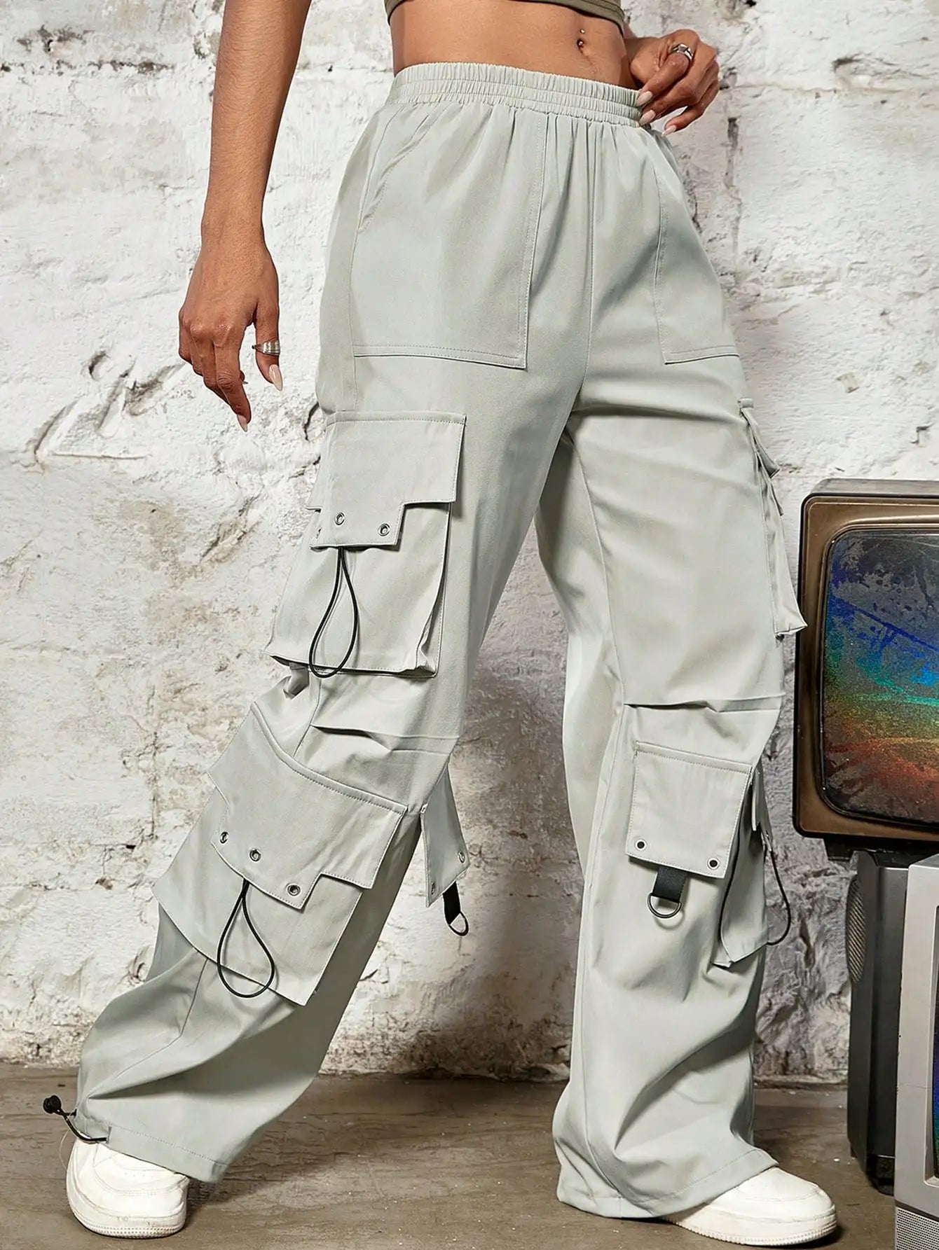 Y2k High Street Trend Hip Pop Flap Pocket Side Solid Color Elastic Waist Loose Straight Cargo Pants Streetwear lightgrey