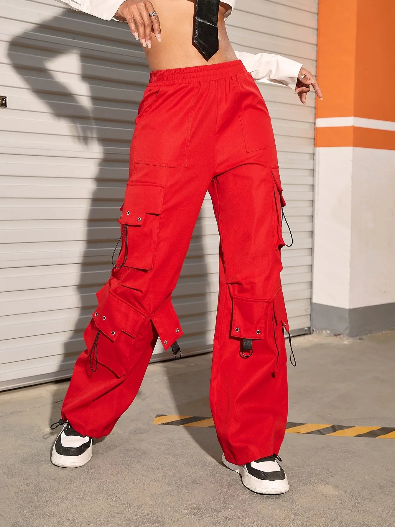 Y2k High Street Trend Hip Pop Flap Pocket Side Solid Color Elastic Waist Loose Straight Cargo Pants Streetwear red