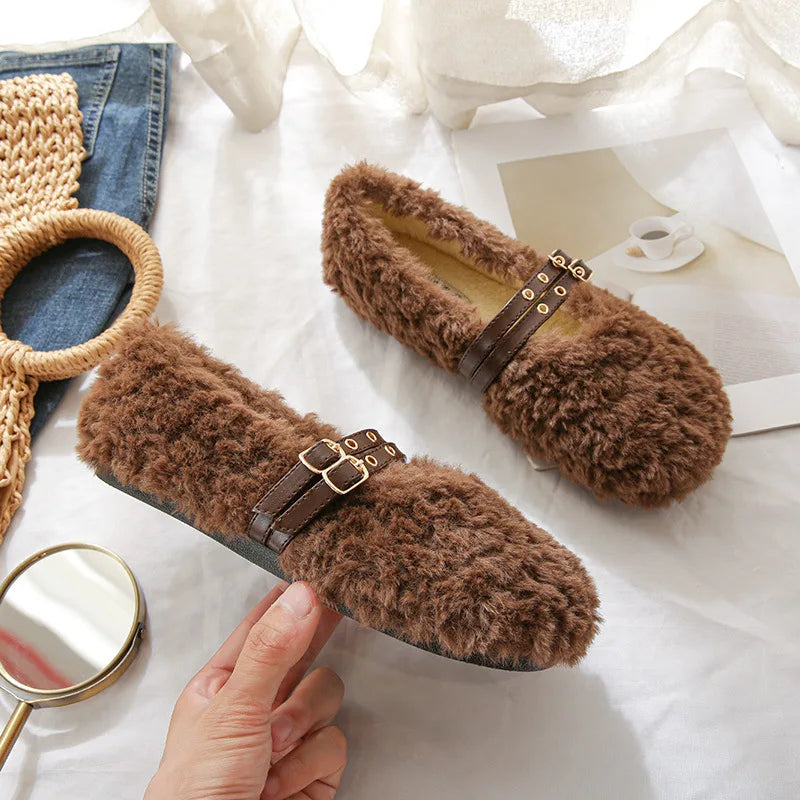 winter women's plush warm shoes Korean style pump loafers party and work wear Ladies' casual flats mary jane boat shoes