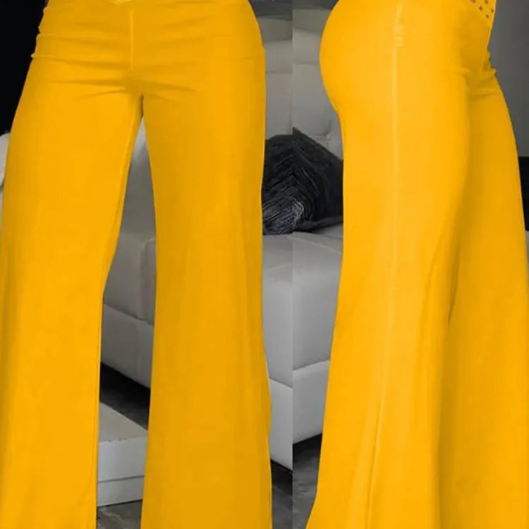 Elegant High Waist Flared Women Pants Office Casual Crisscross Sheer Mesh Patch Mesh Patch Casual Trousers Women Clothes Yellow
