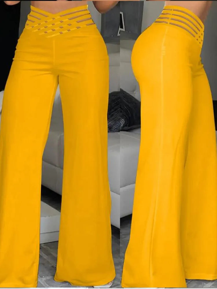 Elegant High Waist Flared Women Pants Office Casual Crisscross Sheer Mesh Patch Mesh Patch Casual Trousers Women Clothes Yellow