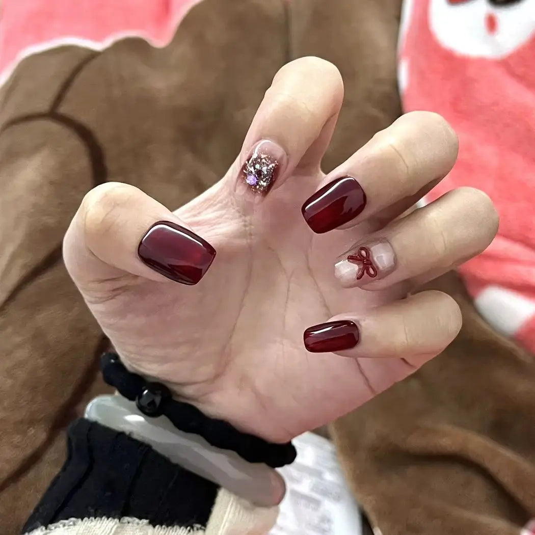 10Pcs Red Flowers Pattern Glitter French Ballet Handmade Fake Nails with Cat Eye Gentle Stick on Nail Set Reusable Acrylic Nails