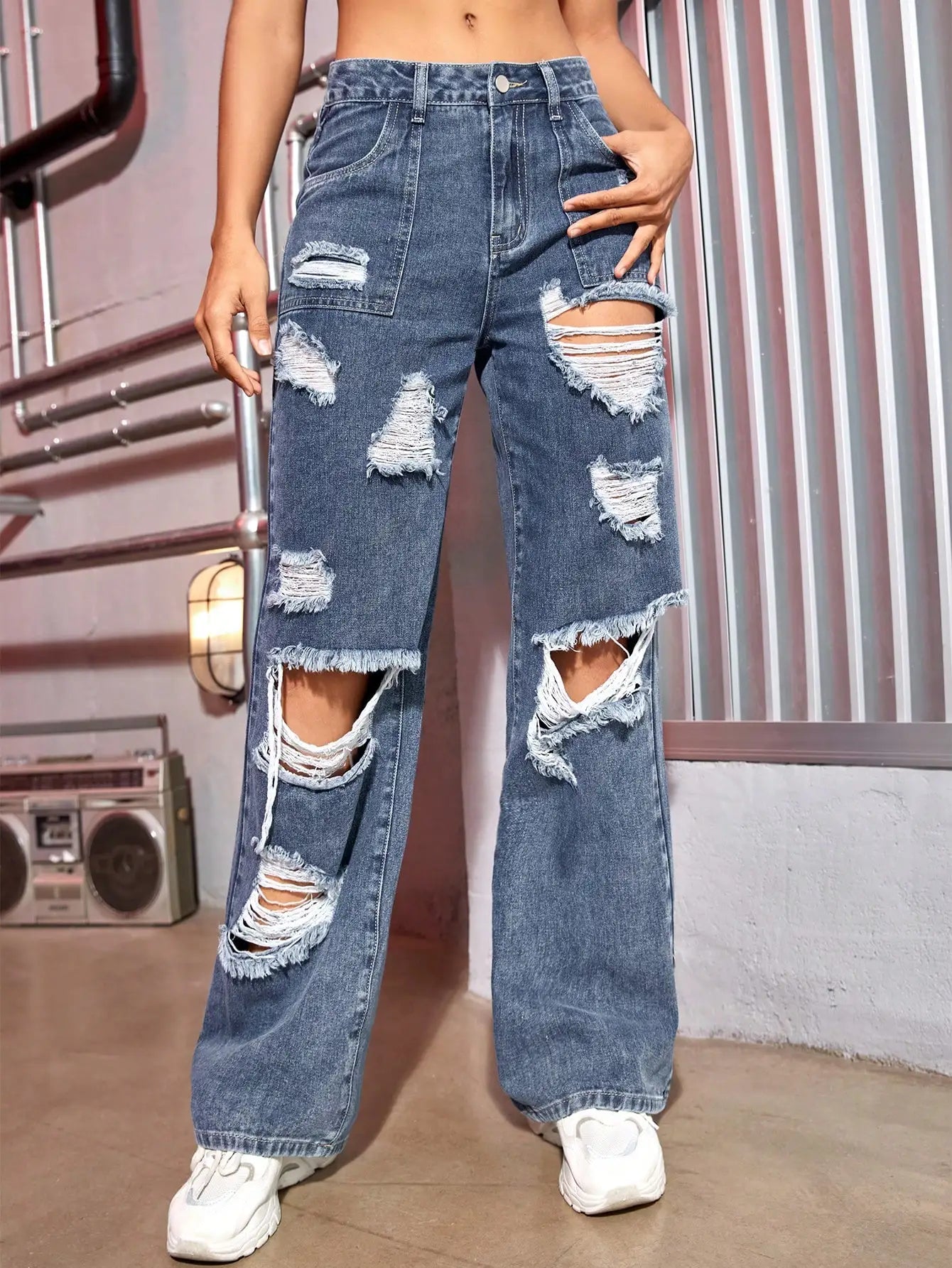 Harajuku Women Fashion Cargo Jeans Street Ripped Details Straight Leg Denim Trousers Simple Casual Baggy Pants Mujer deep-blue