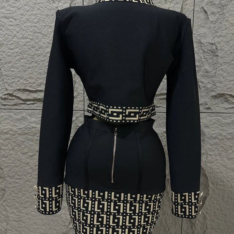 Ensemble deux pièces pour femme, haut jacquard boutonné à manches longues et jupe taille haute avec bandage noir