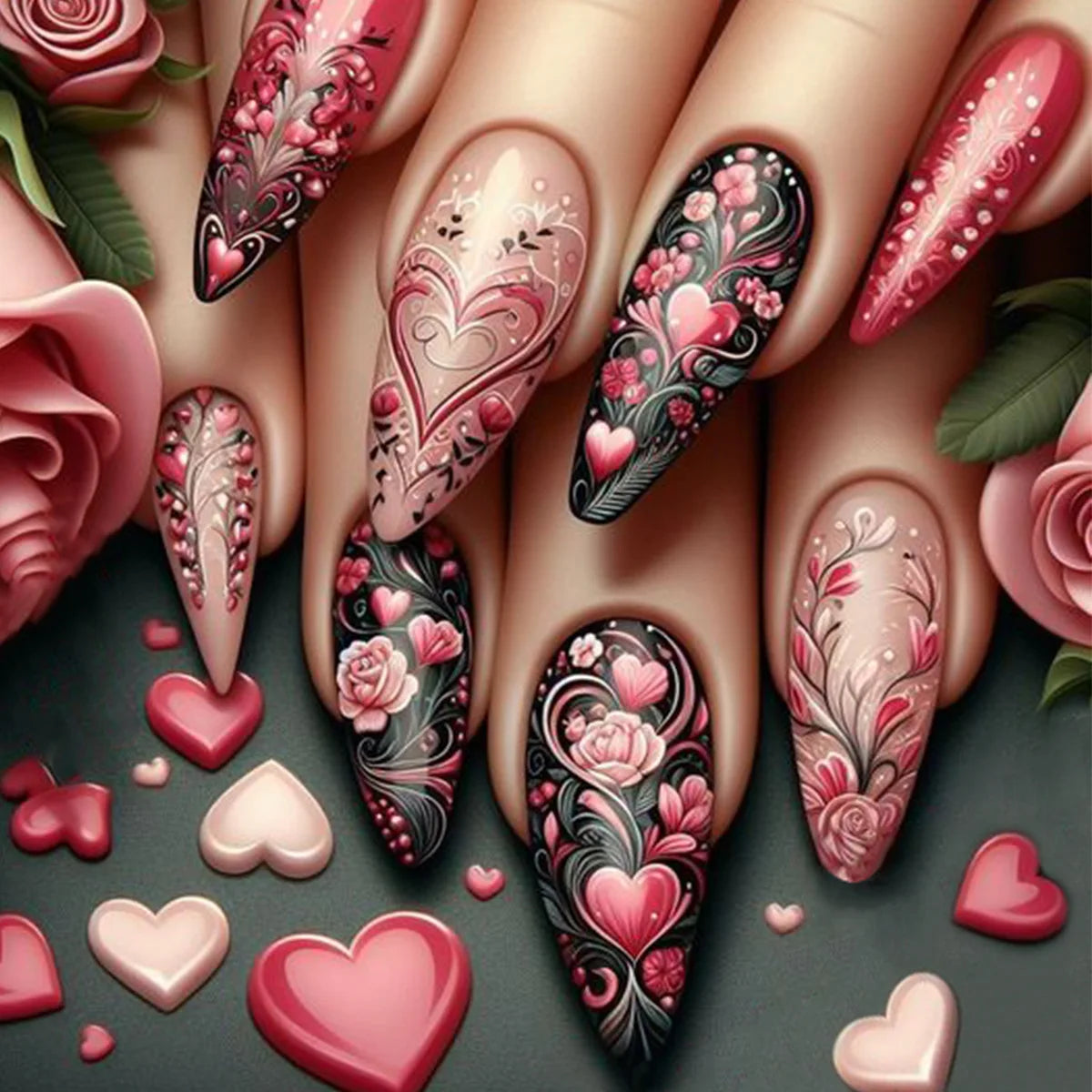 24pcs/set Floral Pattern Press-On Nail Set Mixed Color Ballet Shape Medium Length Simple Sweet Elegant Luxury Style Fake Nails