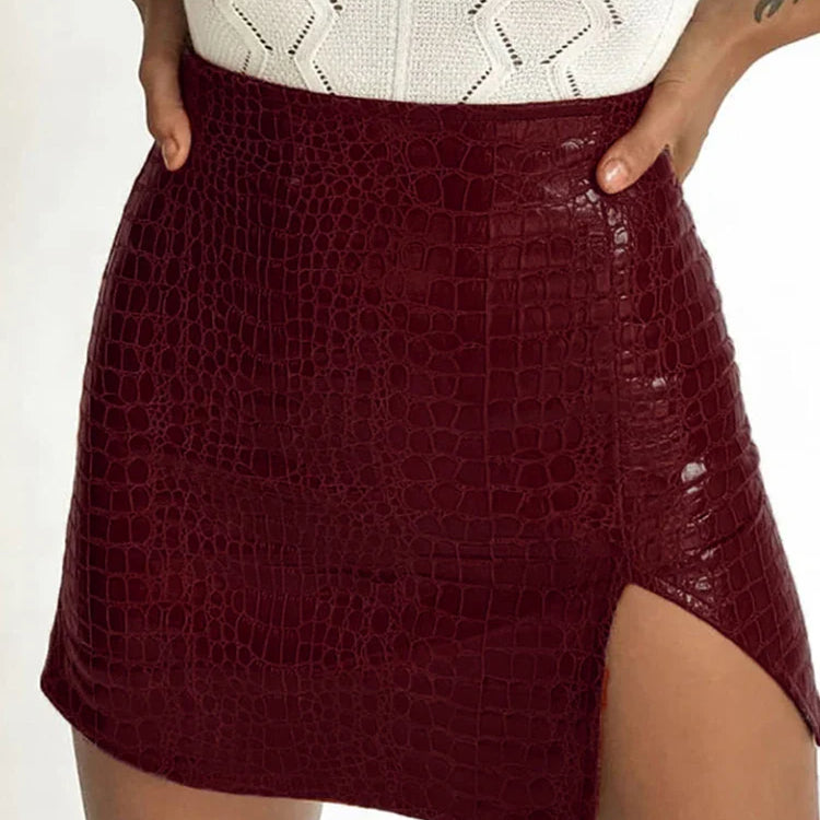 WannaThis Split Skirt Faux Leather Mini Slit Hem Black Sexy Women High Waist Skinny Short Skirt Ladies Elegant Fashion Skirt New