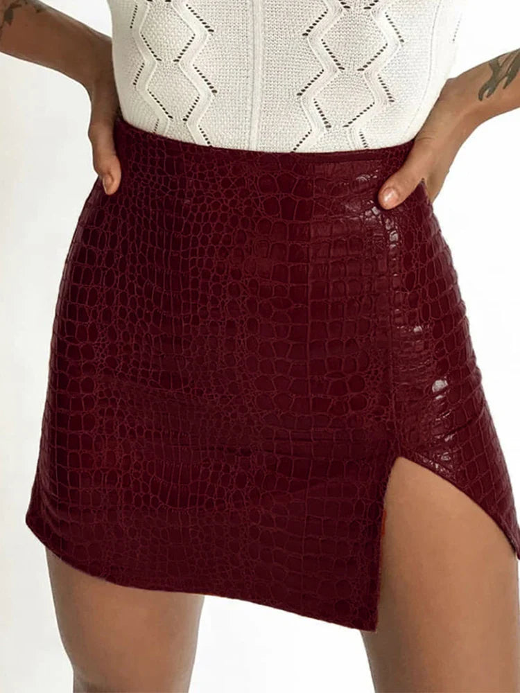 WannaThis Split Skirt Faux Leather Mini Slit Hem Black Sexy Women High Waist Skinny Short Skirt Ladies Elegant Fashion Skirt New