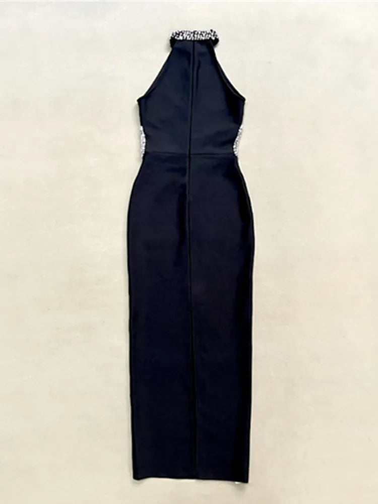 Women Sexy Mesh Diamonds Beading Black Maxi Long Diamonds Celebrity Bodycon Bandage Dress 2025 Elegant Evening Club Party Dress