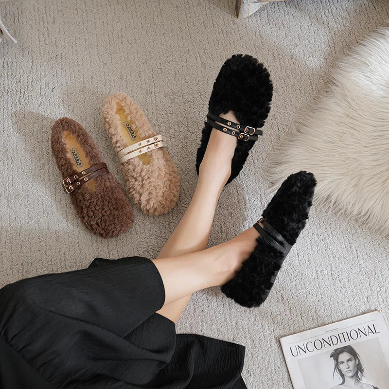 winter women's plush warm shoes Korean style pump loafers party and work wear Ladies' casual flats mary jane boat shoes