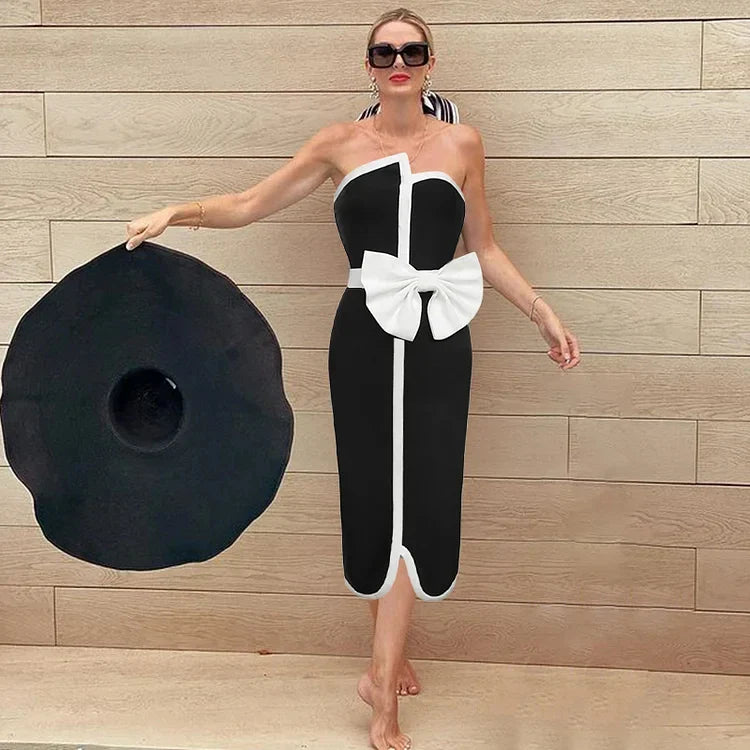 Vintage Swimsuit Black Off Shoulder Bow Tie One Piece and Skirt Swimwear Set Women Vacation Beachwear Luxury Bathing Suit
