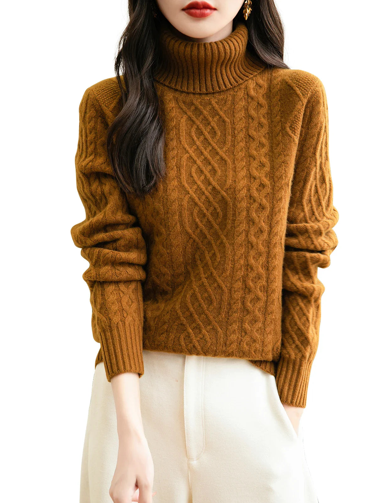 Women's 100% Merino Wool Sweater Fall Winter Turtleneck Vintage Warm Soft Long Sleeve Cable Knit Sweater for Women Knitwear Caramel