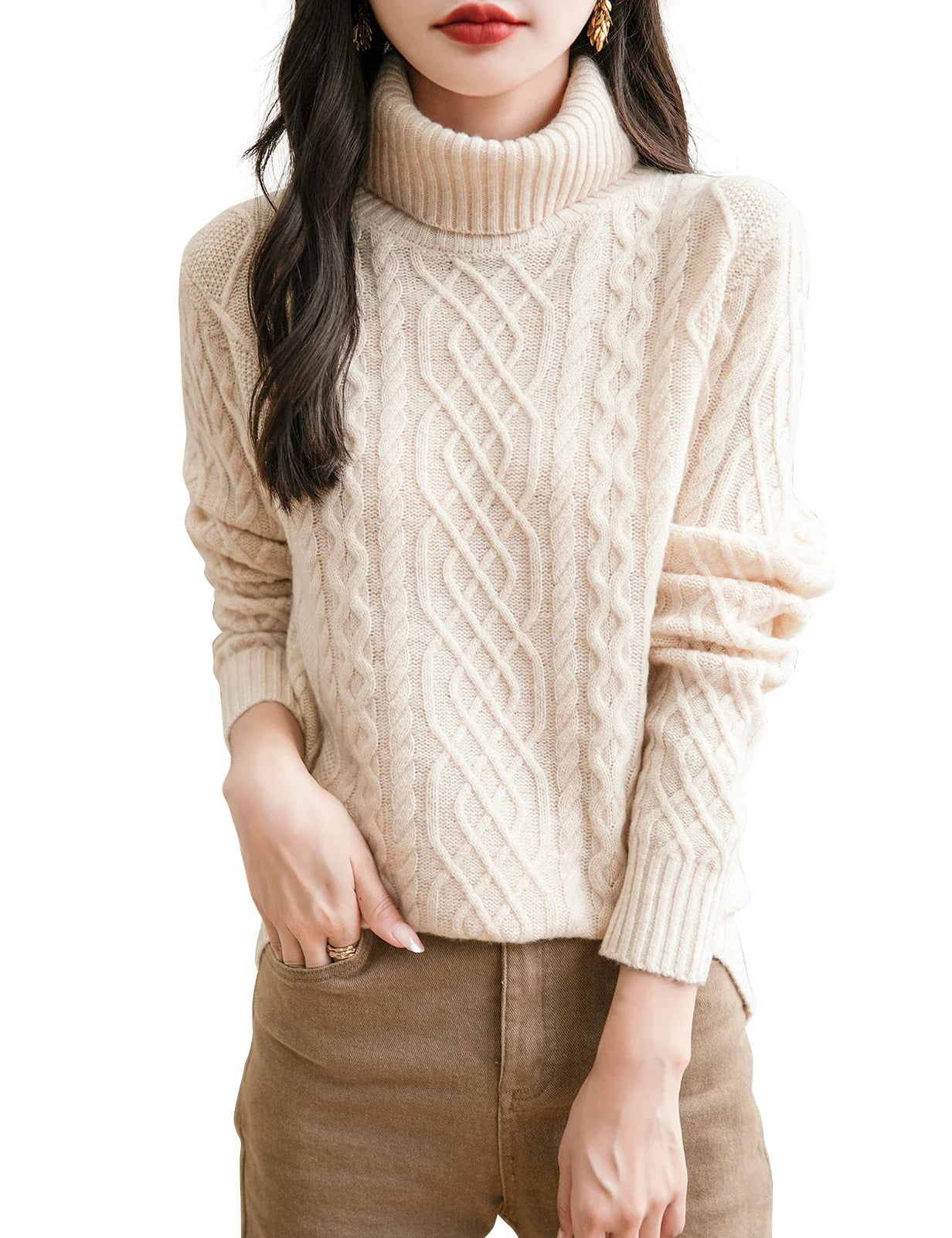 Women's 100% Merino Wool Sweater Fall Winter Turtleneck Vintage Warm Soft Long Sleeve Cable Knit Sweater for Women Knitwear Beige