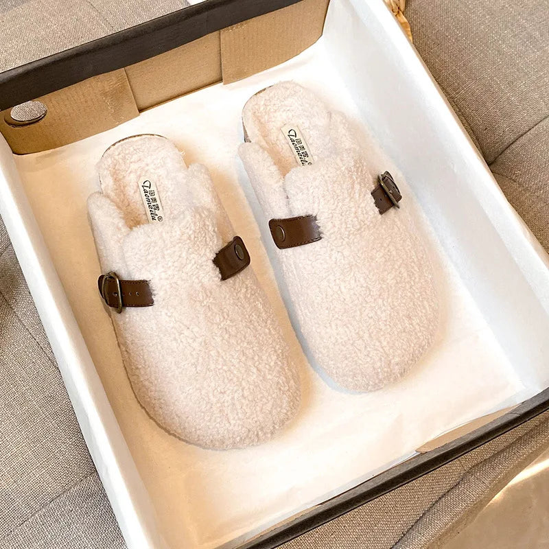 Chaussons plats en peluche pour femmes, chaussures chaudes d'hiver 2023, à porter à la maison et au bureau, mules décontractées pour femmes, pointures 41 à 43