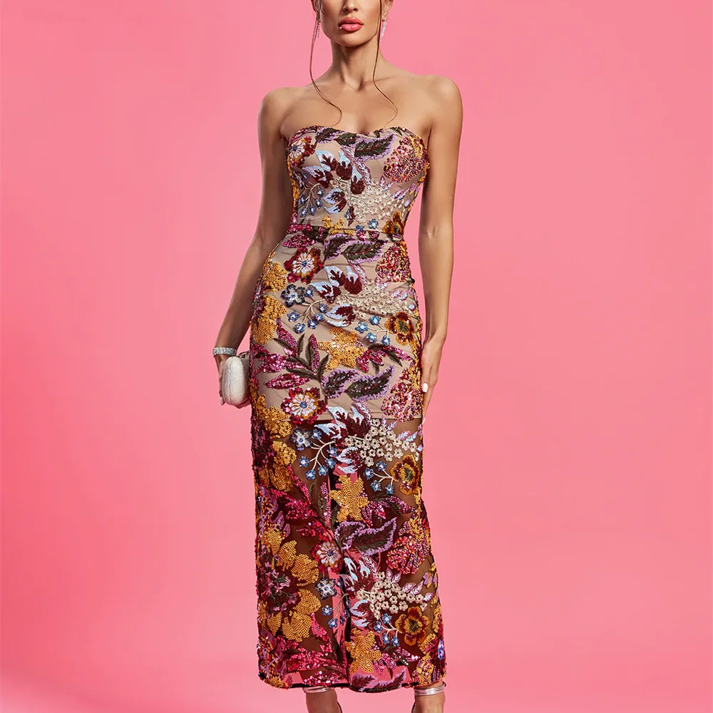 Fashionable Backless Slim Fit Long Dress 2023 Elegant Sleeveless Embroidered Body Fit Color Block Party Party Dress