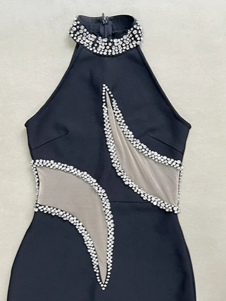 Women Sexy Mesh Diamonds Beading Black Maxi Long Diamonds Celebrity Bodycon Bandage Dress 2025 Elegant Evening Club Party Dress