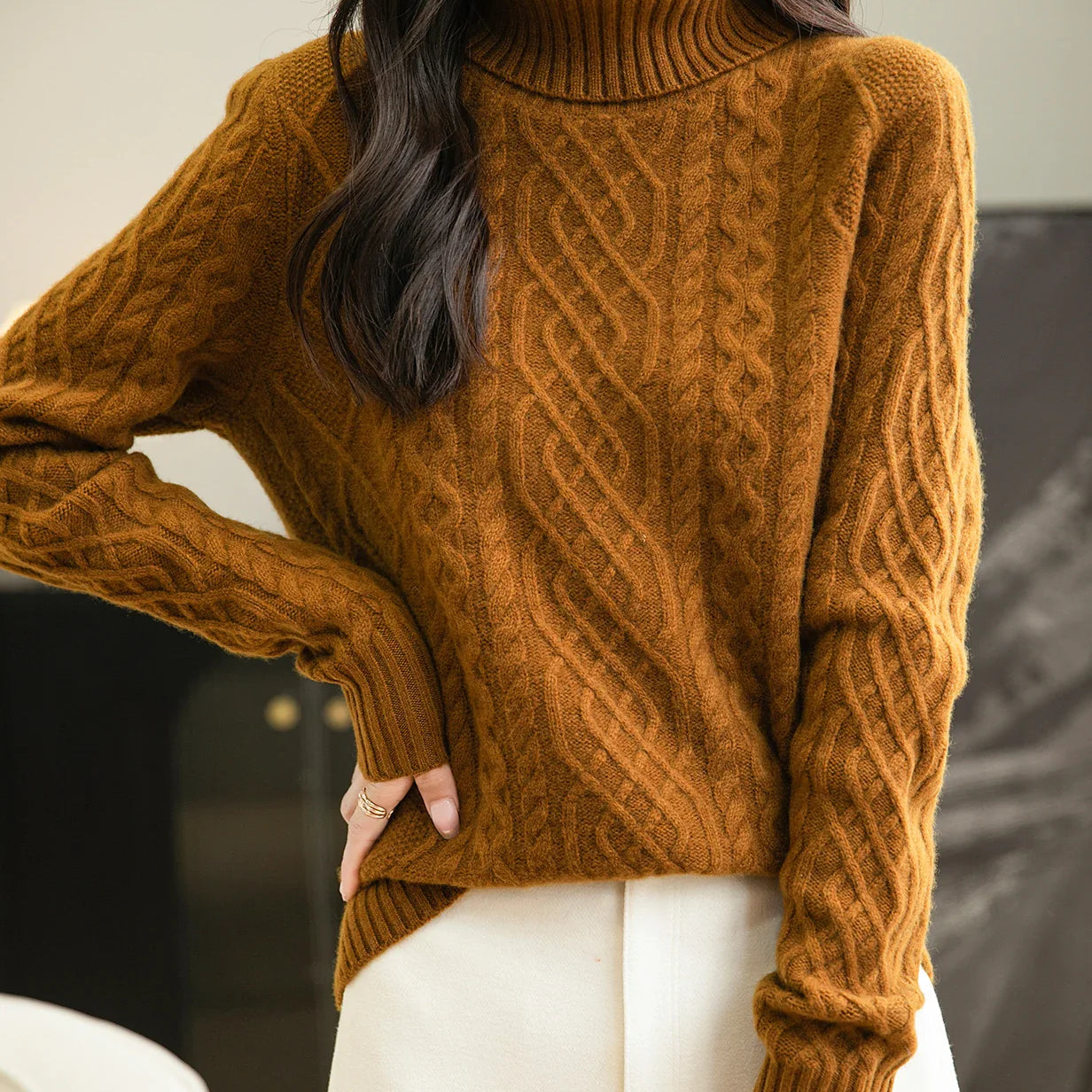 Women's 100% Merino Wool Sweater Fall Winter Turtleneck Vintage Warm Soft Long Sleeve Cable Knit Sweater for Women Knitwear